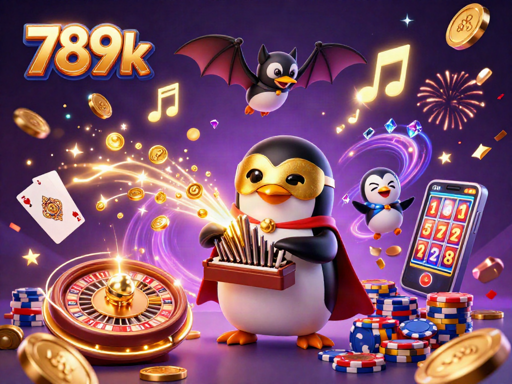 Experience the thrill of 789k casino gaming with 3D cartoony penguin and gold coins flying.