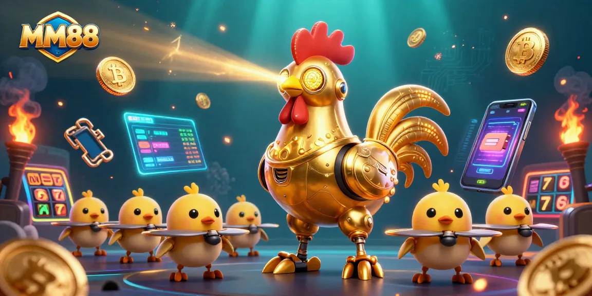 Engage in thrilling gambling strategies at MM88 with vibrant casino elements and futuristic robots.