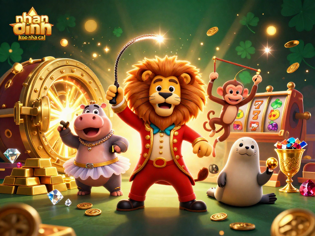 nhan dinh keo nha cai showcases vibrant 3D casino carnival scene with enchanting characters and gold treasures.