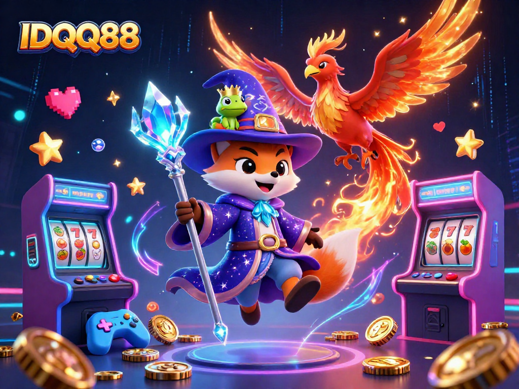 IDQQ88 engages players with a magical scene featuring a wizard fox, phoenix, and game machines.