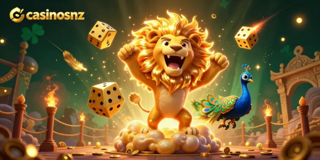 Win big at casinosnz with a vibrant scene featuring energetic characters and dynamic gaming elements.