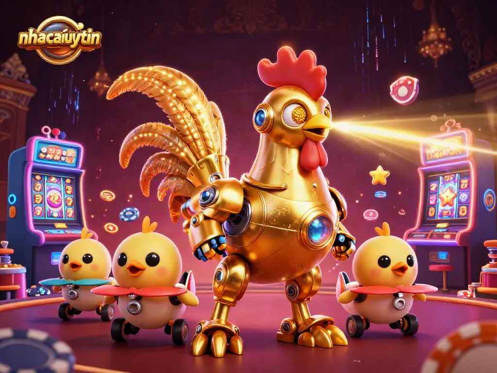 nhacaiuytin showcases a thrilling casino scene with a robotic rooster and baby chicks in action.