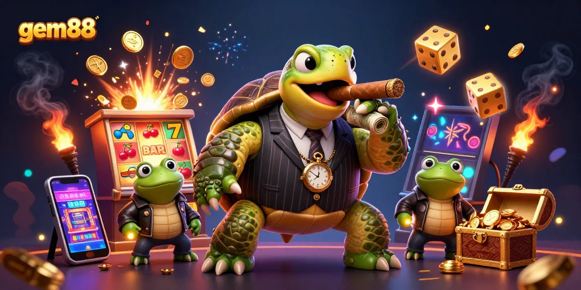 Experience excitement at gem88 with our vibrant casino scene featuring characters and slot machines!