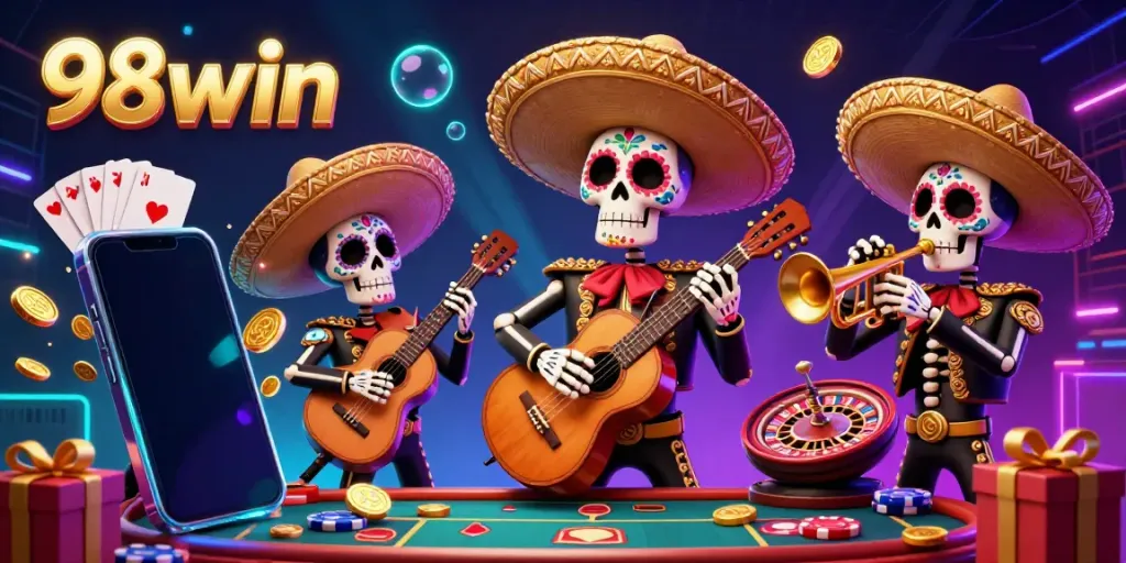 Experience the excitement of 98win with a lively Day of the Dead mariachi band amidst a dynamic casino scene.