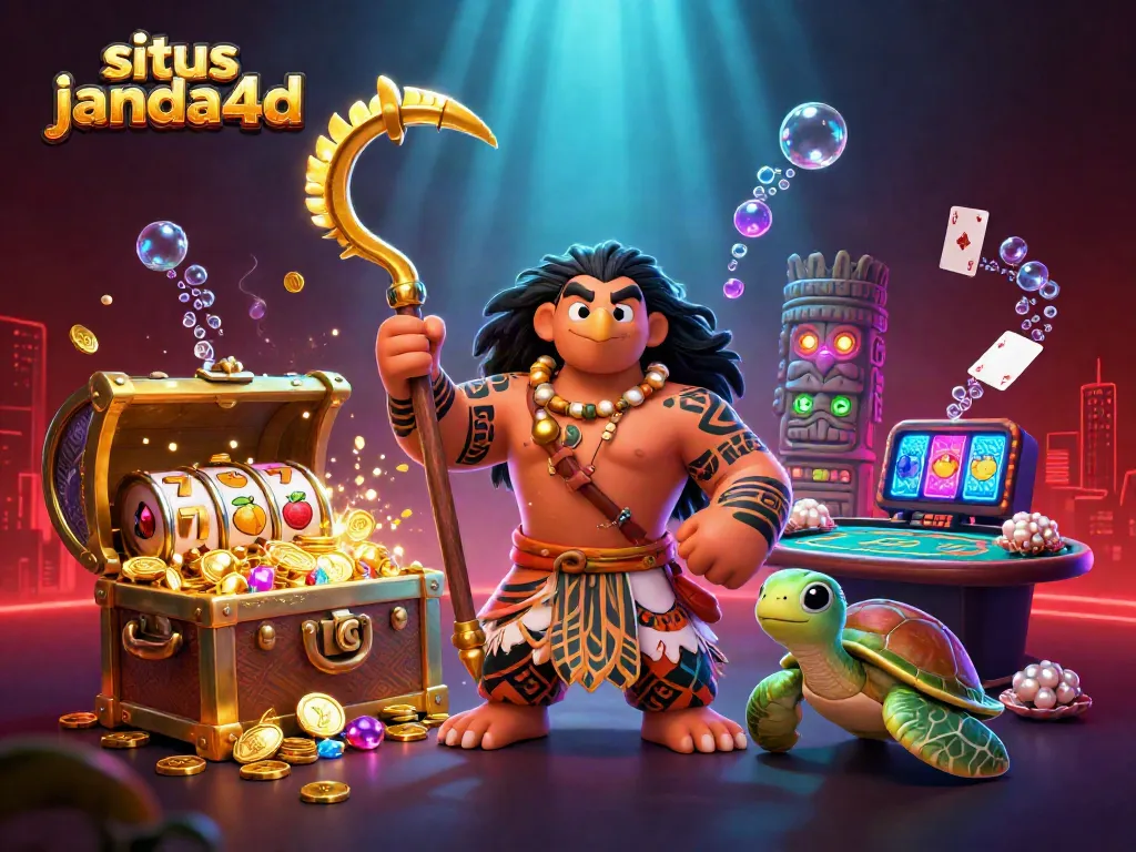 Permainan slot menarik di situs Janda4d dengan karakter demigod dan elemen kasino yang berkilau.