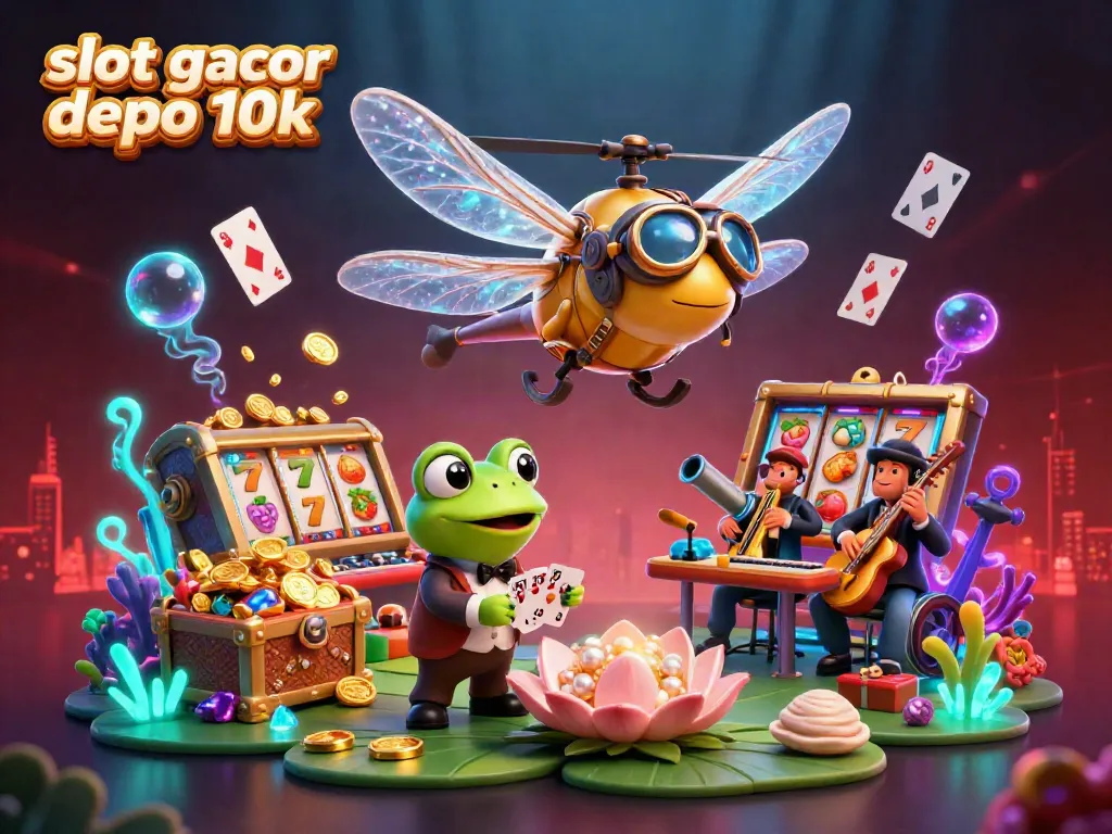 Engage with "slot gacor depo 10k" at a lively lily pad casino with vibrant characters and casino elements.