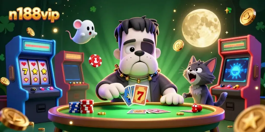 Experience a thrilling gaming scene at n188vip with a vibrant casino atmosphere and iconic characters.