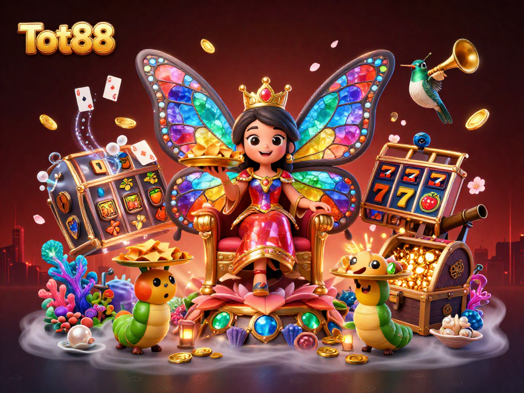 Tot88's vibrant 3D cartoon casino scene with a butterfly queen, slot symbols, and rich treasures.