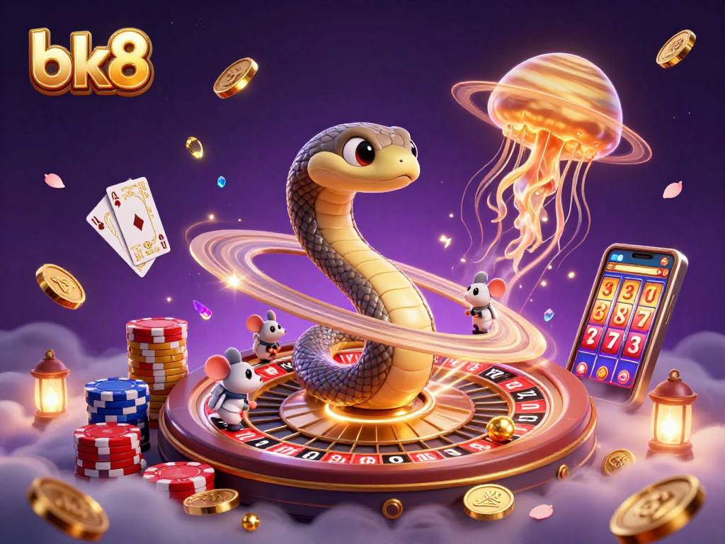 Experience BK8 gaming with vibrant cosmic elements and dynamic betting action in this stunning illustration.
