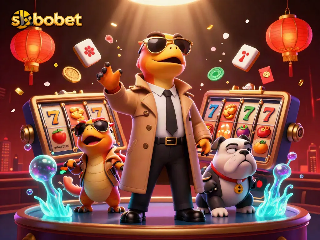 SBOBET offers a thrilling casino experience as raptors in disguise attempt VIP entry amidst vibrant gaming elements.