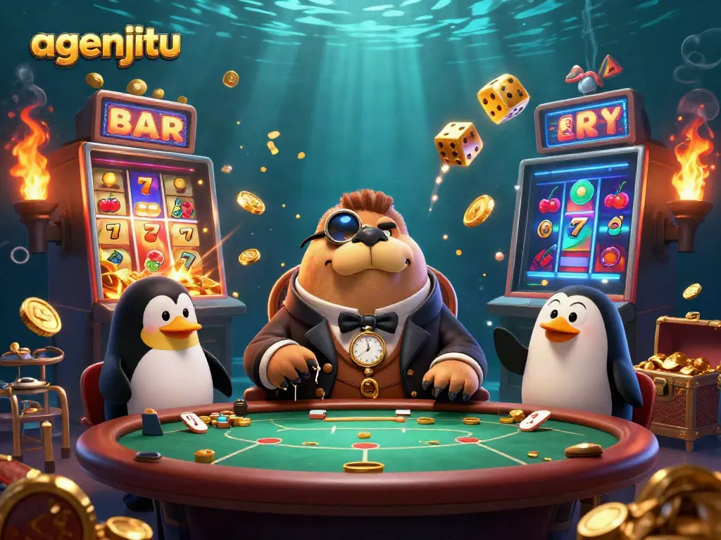 Menghadirkan agensitu, walrus lucu bermain poker di dunia kasino bawah laut yang penuh warna.