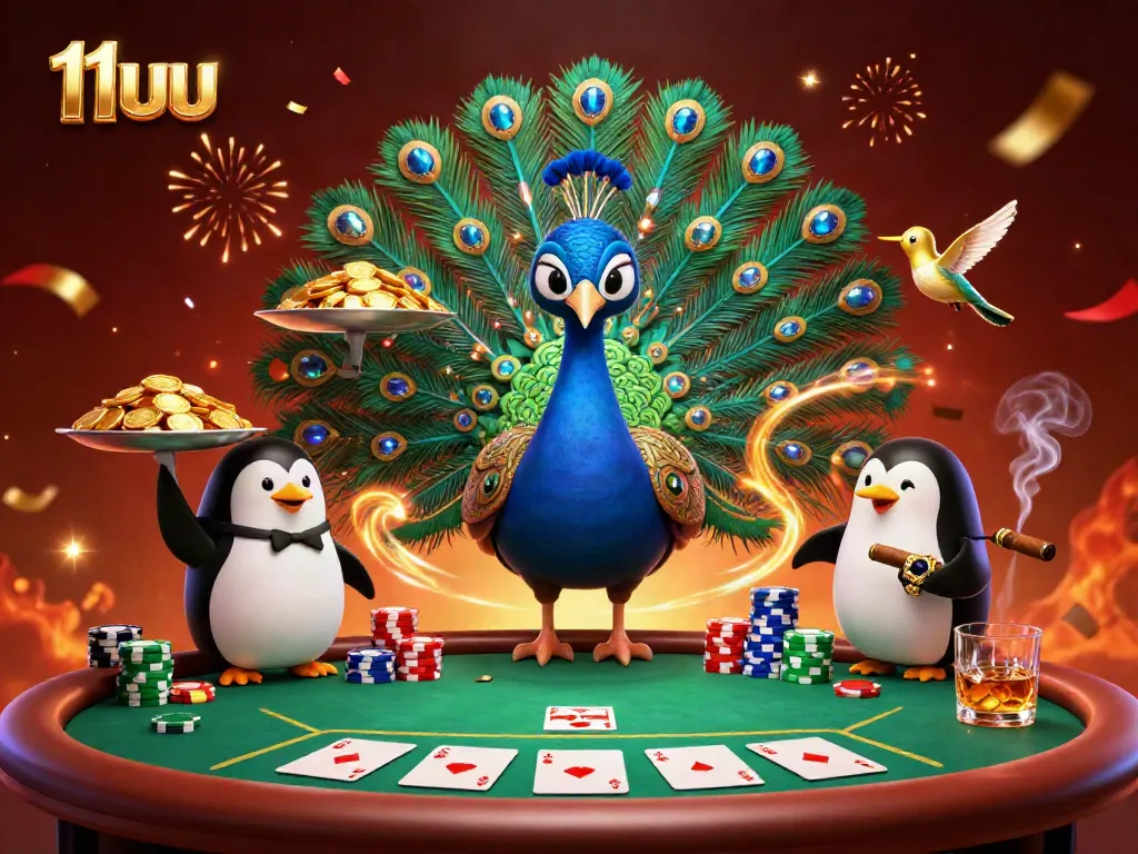Experience the thrill of winning at 11uu with vibrant characters, poker elements, and festive energy in a dynamic casino scene.