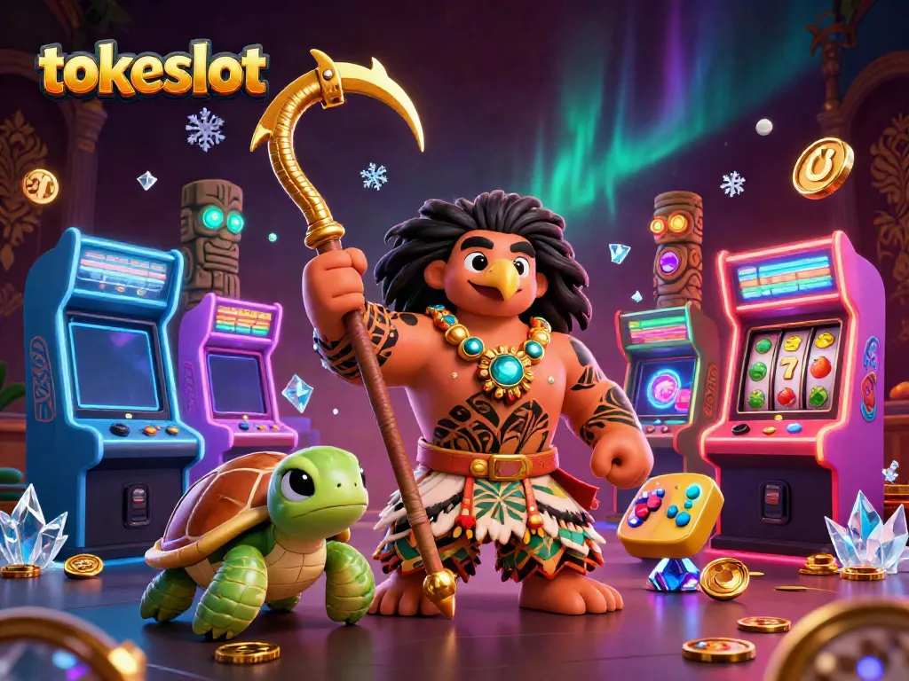Experience tokeslot with vibrant characters and casino game elements in a dynamic illustration.