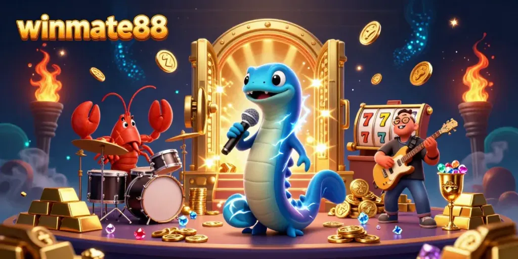 Experience the lively atmosphere of winmate88 with a DJ eel, lobster drummer, and seahorse guitarist performing on an underwater casino stage.