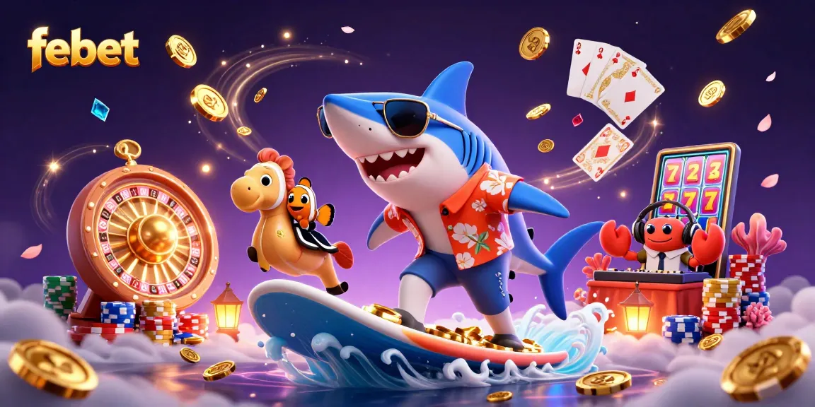 Experience excitement at FABET with a hammer-head shark surfing on gold coins amidst vibrant casino elements.