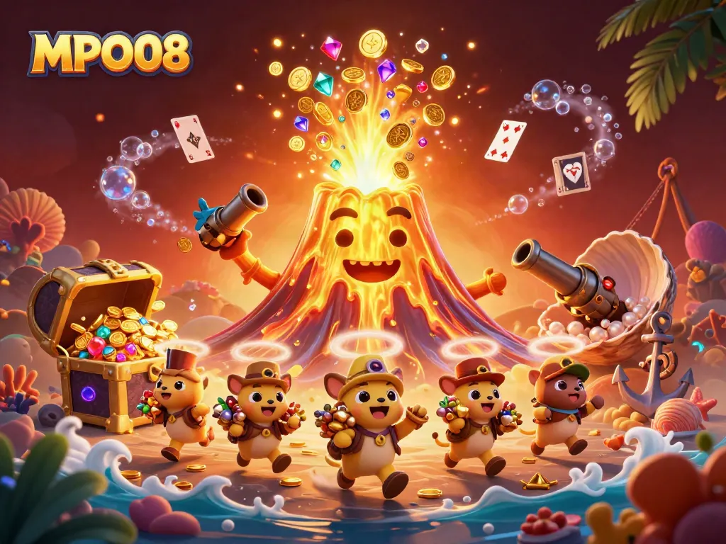 MPO08 casino illustration featuring a triumphant golden volcano, treasure, and vibrant game elements.