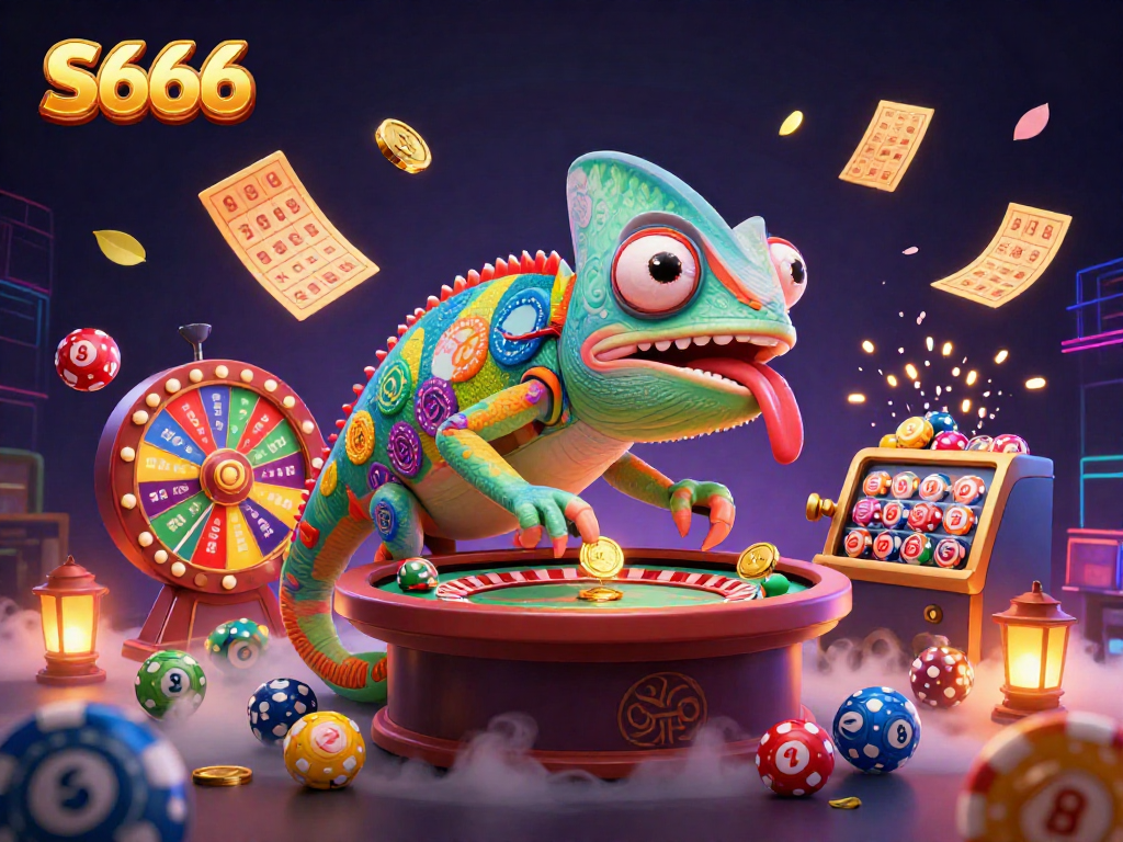 Experience S666's vibrant gaming world with a chameleon casino owner capturing golden coins in dynamic 3D art.