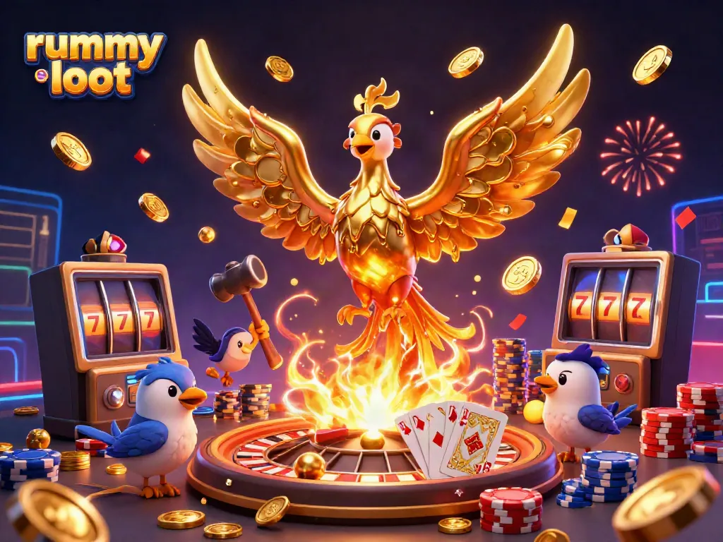Experience rummy loot with a vibrant 3D illustration showcasing a phoenix and gameplay elements.