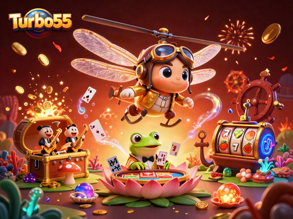 Experience the excitement of Turbo55 with a vibrant casino scene featuring a dragonfly pilot and frog dealer