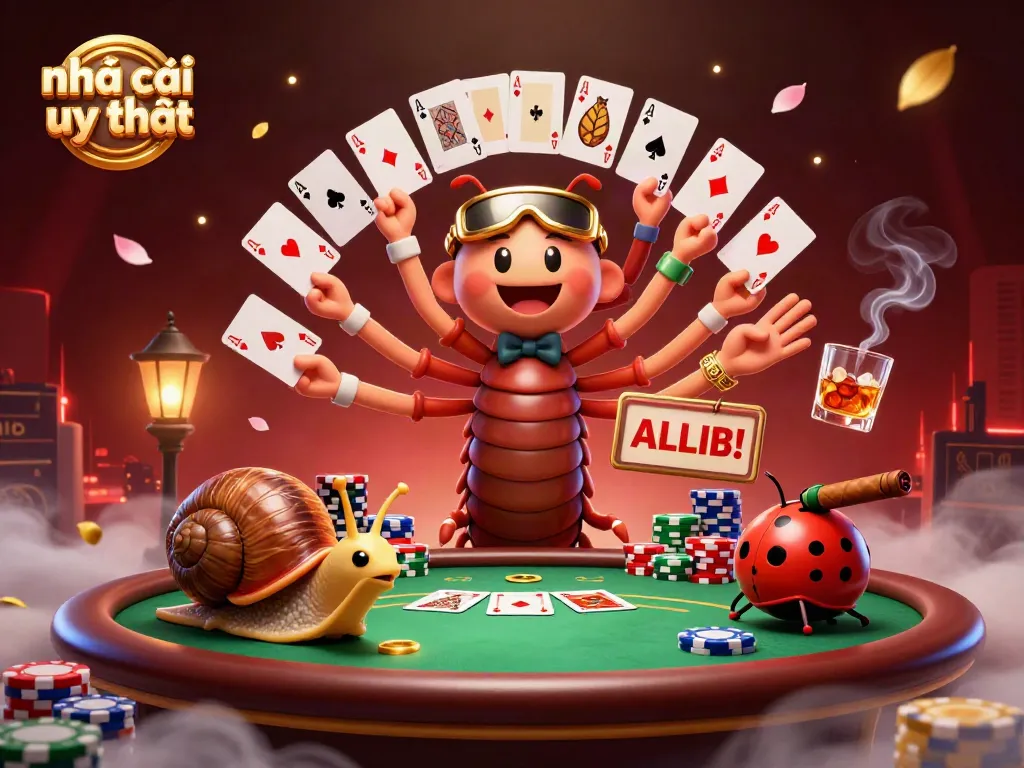 Engage with nhà cái uy tín in a vibrant casino scene featuring an animated millipede dealer and exciting card games.