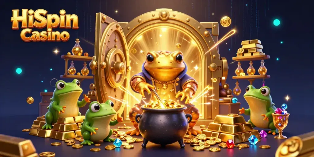 Experience the magic of HiSpin Casino with vibrant gold coins and dynamic alchemical scenes.