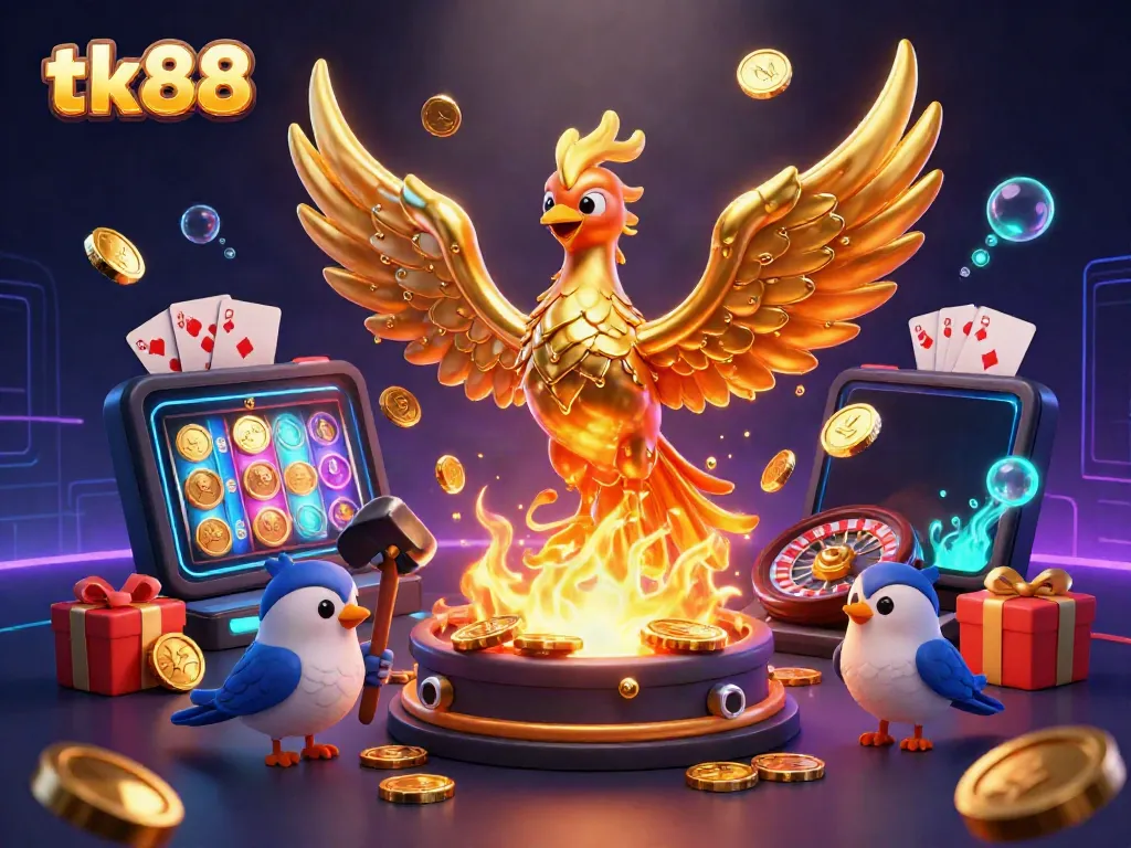 Experience tk88’s vibrant gambling world with a molten golden phoenix and dynamic gaming elements.