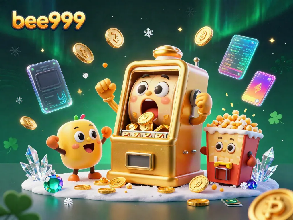 Slot machine hitting a jackpot in a vibrant casino scene featuring bee999 branding.
