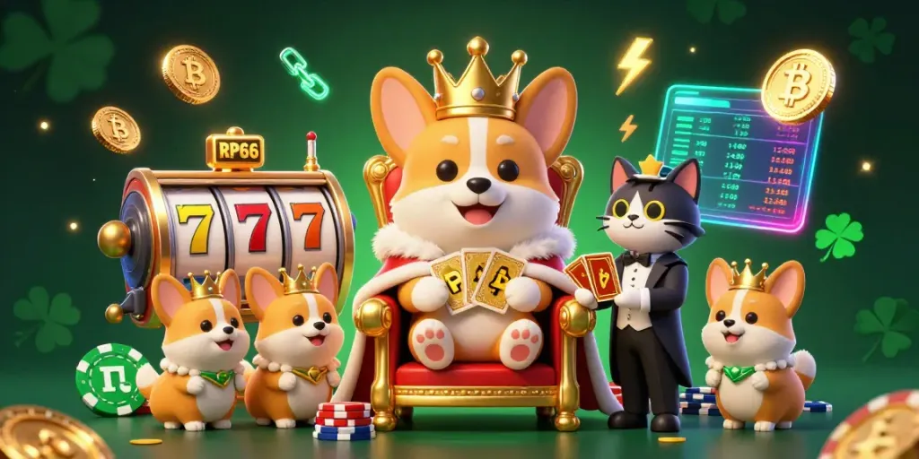 Engage with RP66's thrilling slot experience featuring a royal corgi on a throne of poker chips.