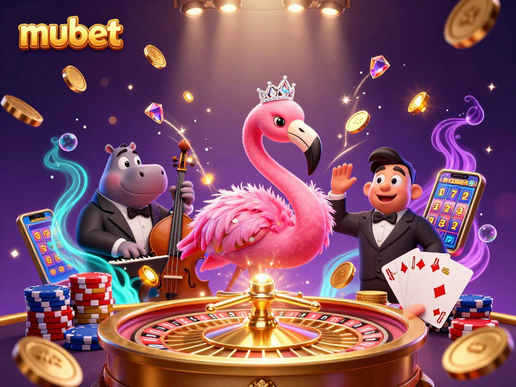 Experience the excitement of betting at mubet with casino-themed elements and characters showcased.