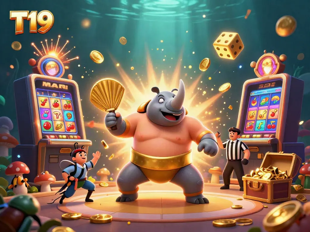 T19 features an exciting online casino scene with a rhinoceros beetle champion amidst flying coins and a slot machine explosion.