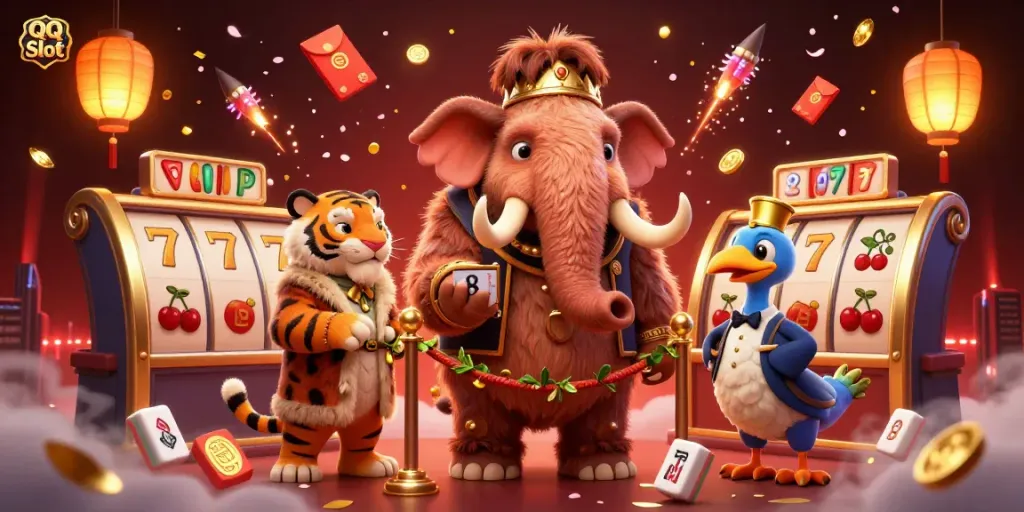 Celebrate jackpots at QQ Slot with vibrant 3D characters amidst glowing casino elements and festive decorations.