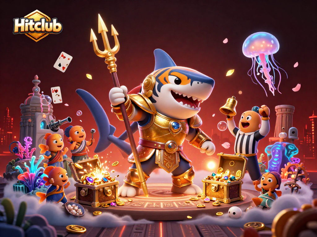 Hitclub's underwater casino scene with a fierce tiger shark in gladiator armor, surrounded by vibrant elements.