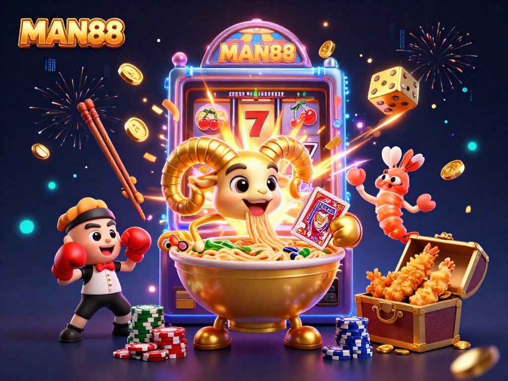 Spin the reels at MAN88 with a vibrant casino scene featuring a golden ramen bowl character, slot machines, and jackpot excitement.
