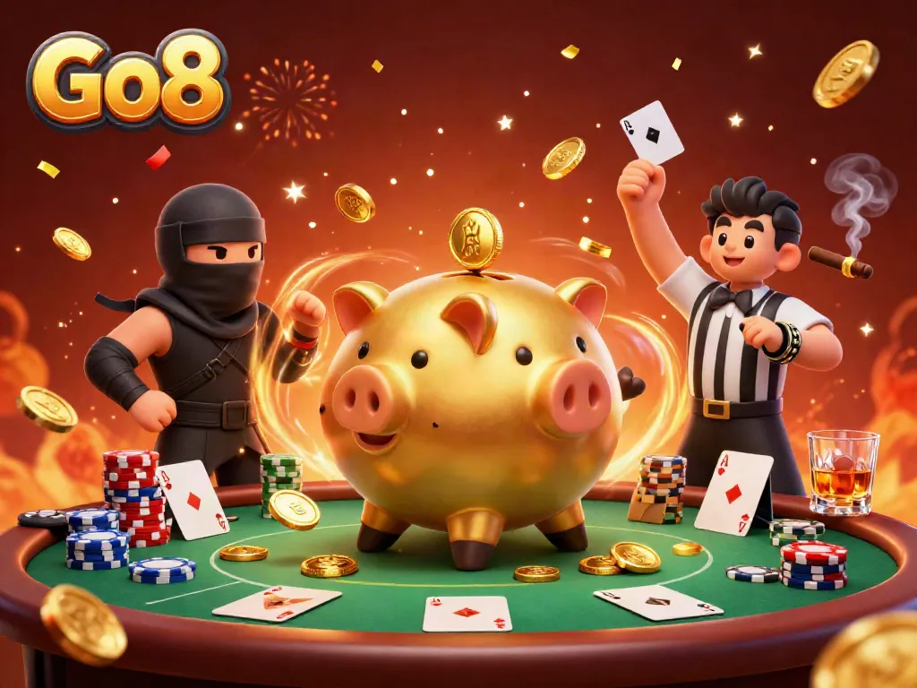 Go8 promotional scene with a golden piggy bank sumo wrestler and colorful poker elements.