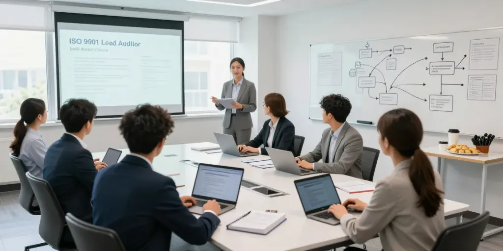 Engaged professionals in an ISO 9001 Lead Auditor Course, focusing on quality management training.