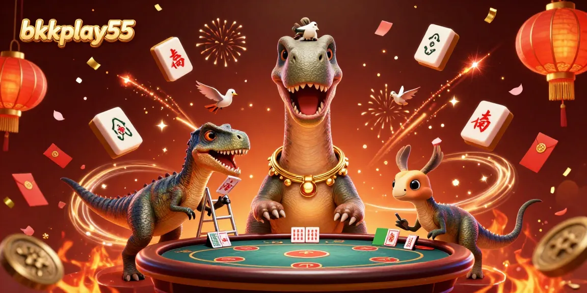 Engage with bkkplay55 as the whimsical brontosaurus observes a poker game below amidst thrilling decorations.