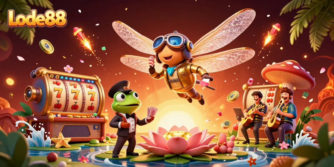 Lode88's vibrant casino illustration with a dragonfly pilot over a lily pad, showcasing dynamic gaming elements.