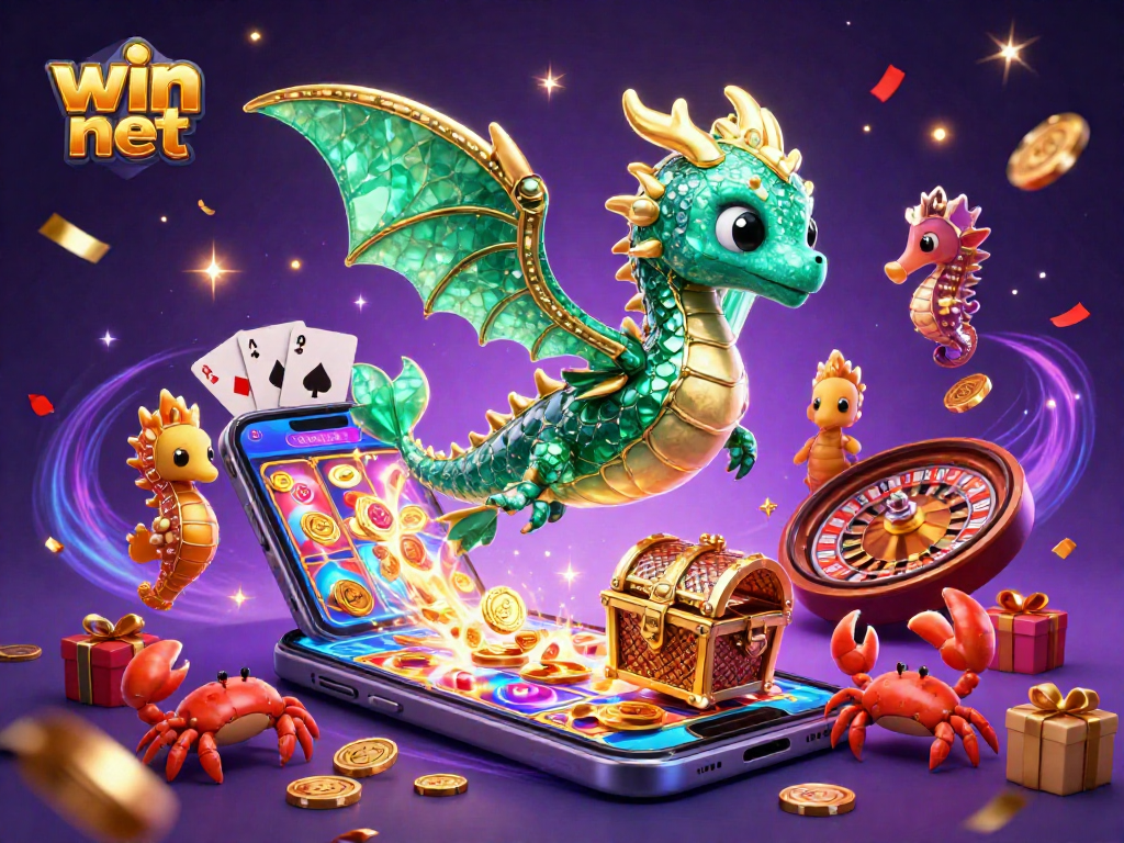 Experience win net with a fantastic 3D cartoon illustration of a sea dragon, treasure chest, and gaming elements.