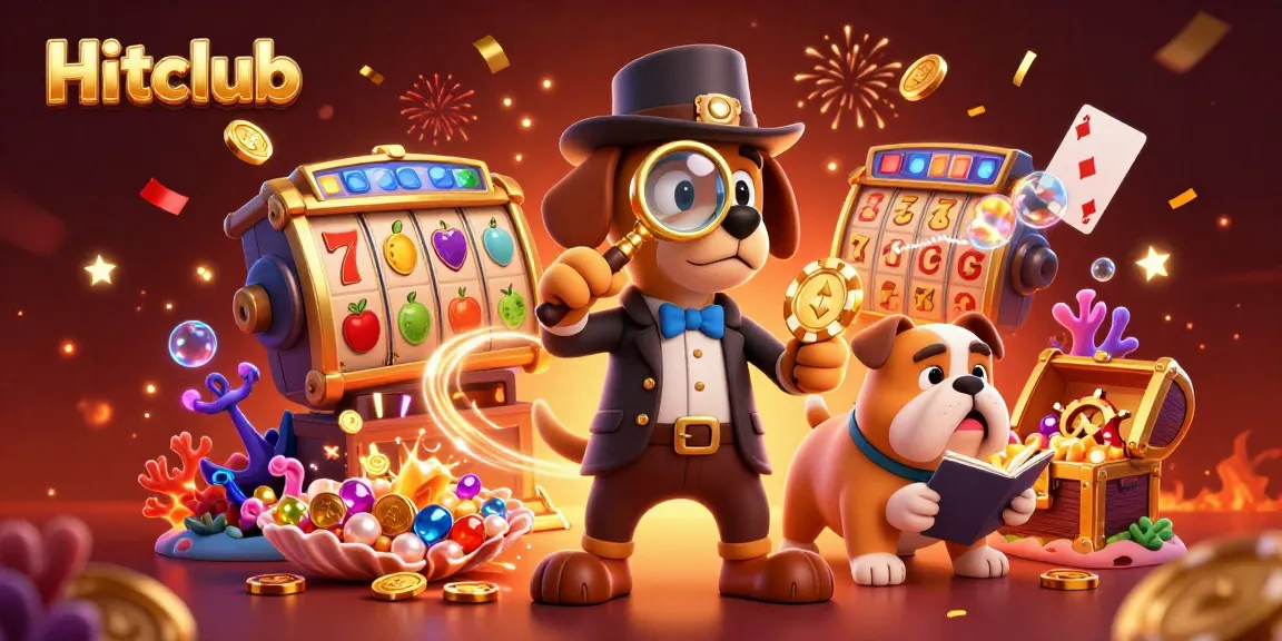 Hitclub detective bloodhound investigates golden poker chip amidst slot reels and confetti.