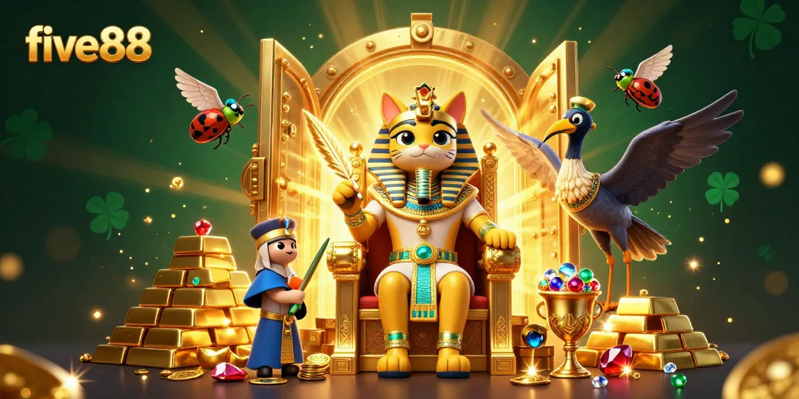 Win big at five88 with our stunning casino treasures illustration, featuring Egypt-themed characters and rich game elements.