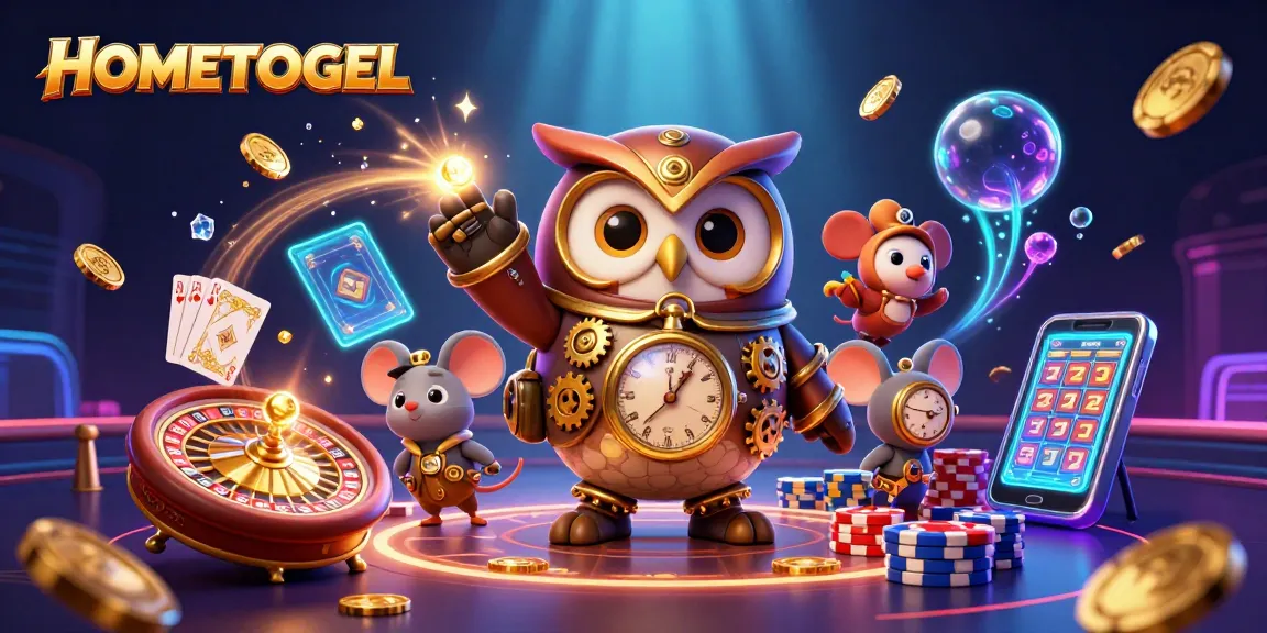 Experience thrilling gameplay with HOMETOGEL as cute characters enjoy a vibrant casino scene with jackpots and slot games.
