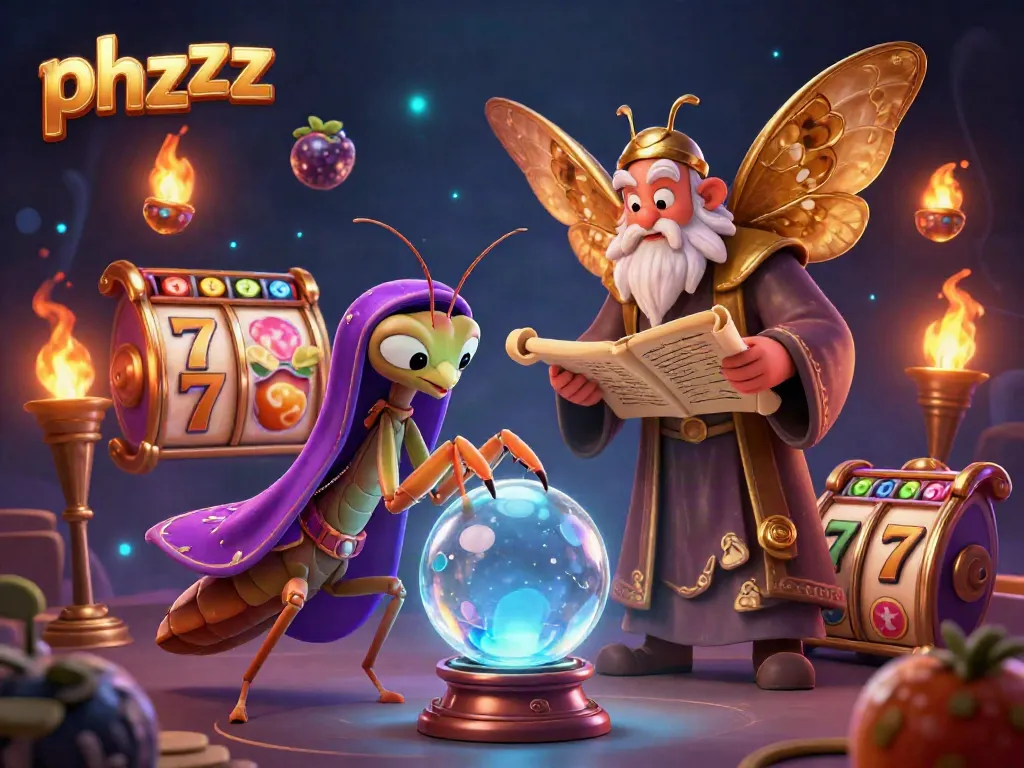 Engage with phzzz in this vibrant 3D slot scene featuring fortune tellers and energetic symbols.