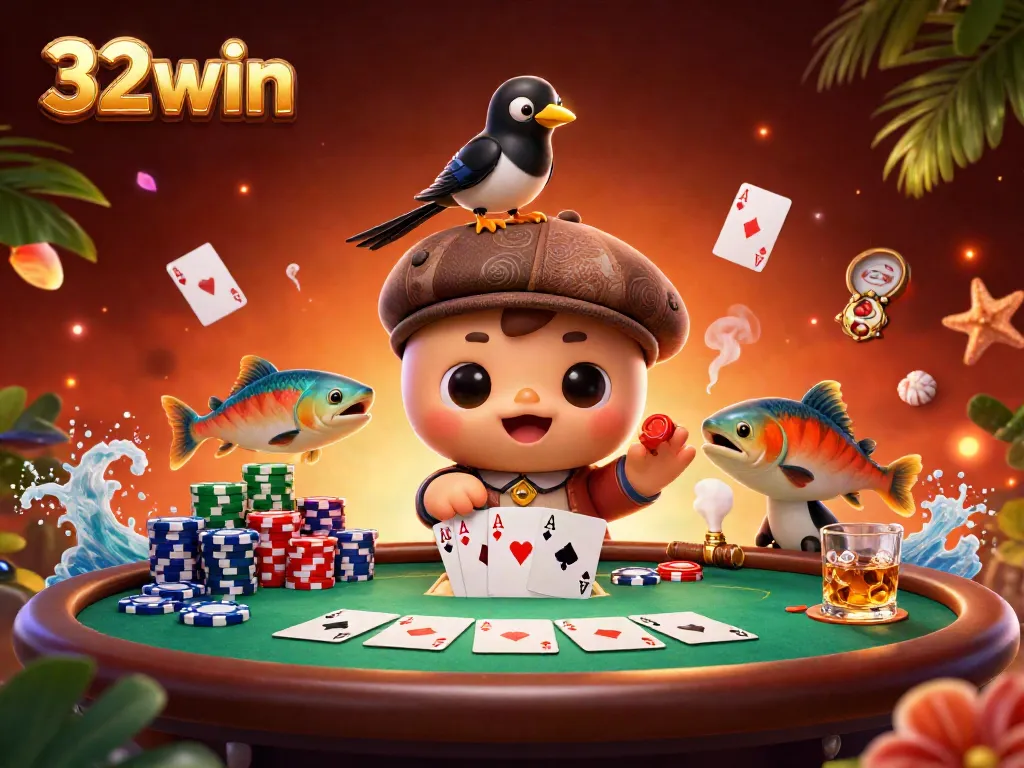 Engage with 32win's playful casino scene featuring baby Nessie, chips, and poker elements.