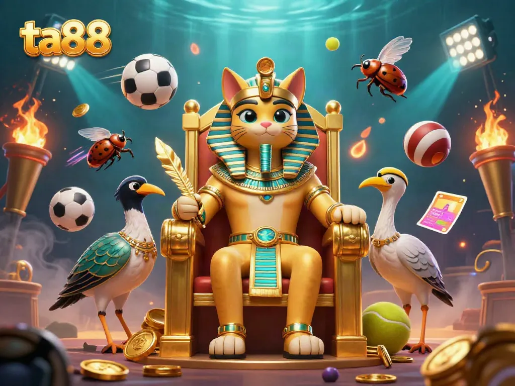 Engage with ta88's vibrant gaming atmosphere featuring a pharaoh cat, sports elements, and glowing visuals.
