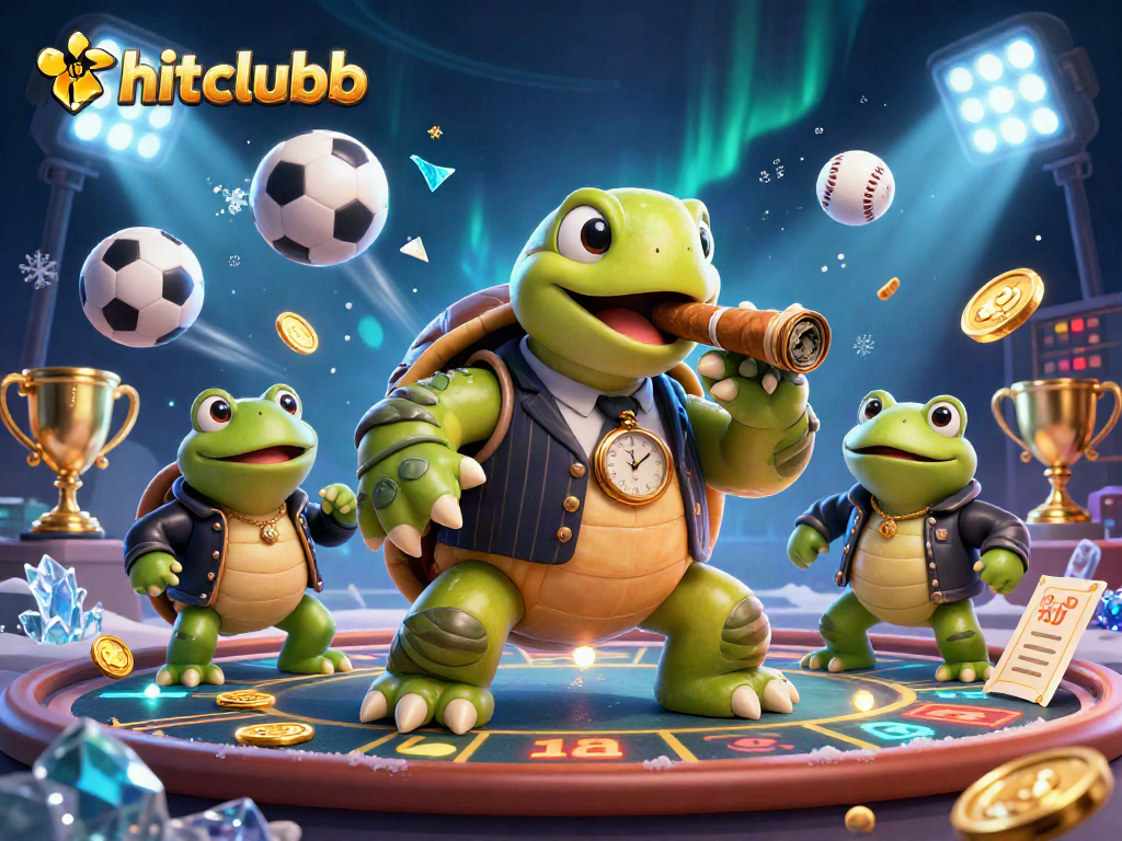 Hitclubb showcases a vibrant casino scene with a snapping turtle and bullfrogs amidst dynamic sports elements.