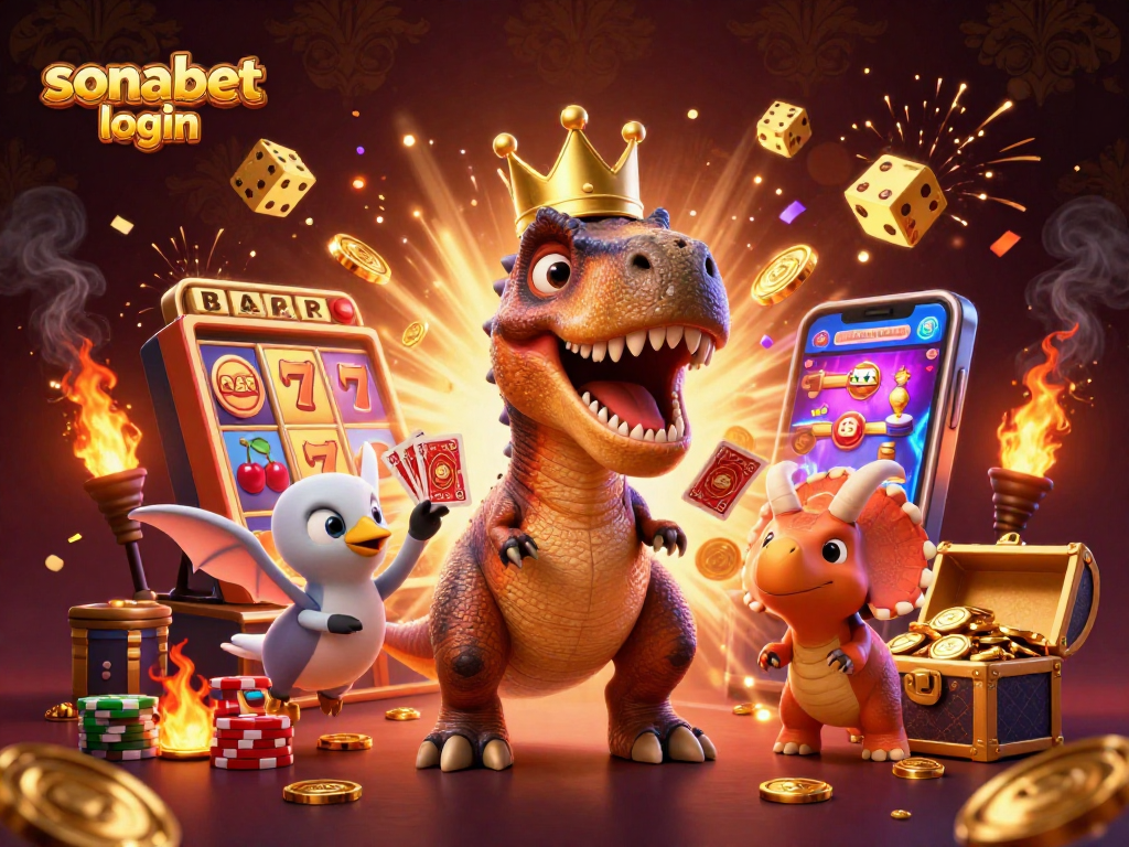 Experience the fun of sonabet login with a T-Rex and friends enjoying a vibrant casino scene.
