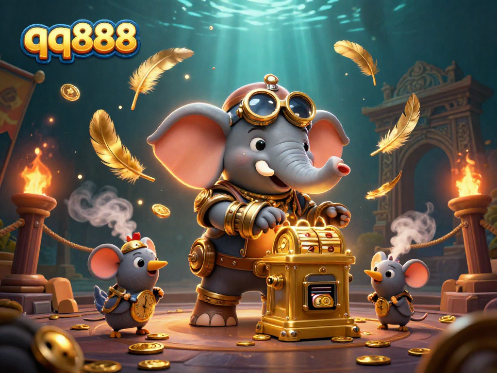 Engage with the thrilling atmosphere of qq888 as a steampunk elephant operates a golden slot machine amidst dynamic game elements