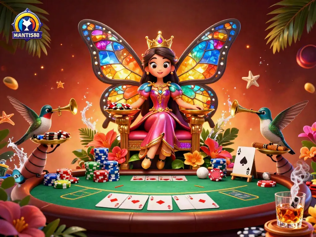 Experience the vibrant world of MANTIS88 with a cartoon butterfly queen at a lively poker scene.