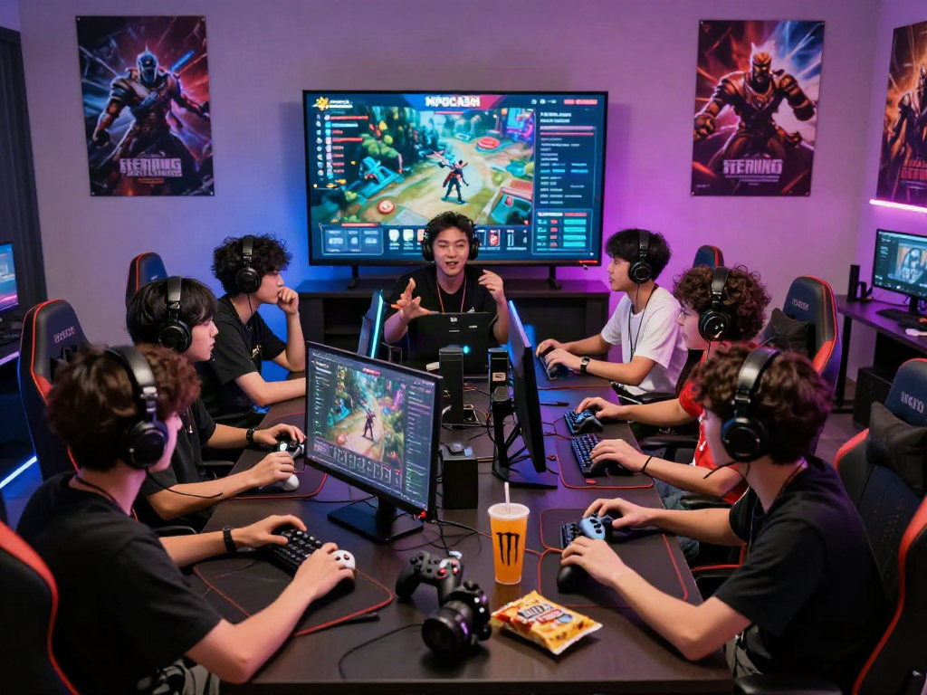 Players engaging with MPOCASH gaming platform in a vibrant gaming room, showcasing accessories and colorful lighting.