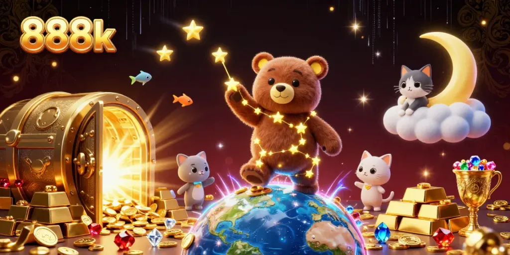 Experience thrilling gameplay at 888k with a vibrant 3D casino scene filled with treasures and characters.